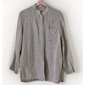 Tobasco Top Women US 10 /46 Olive LS Linen Blend Italy Breathable Summer Buttons